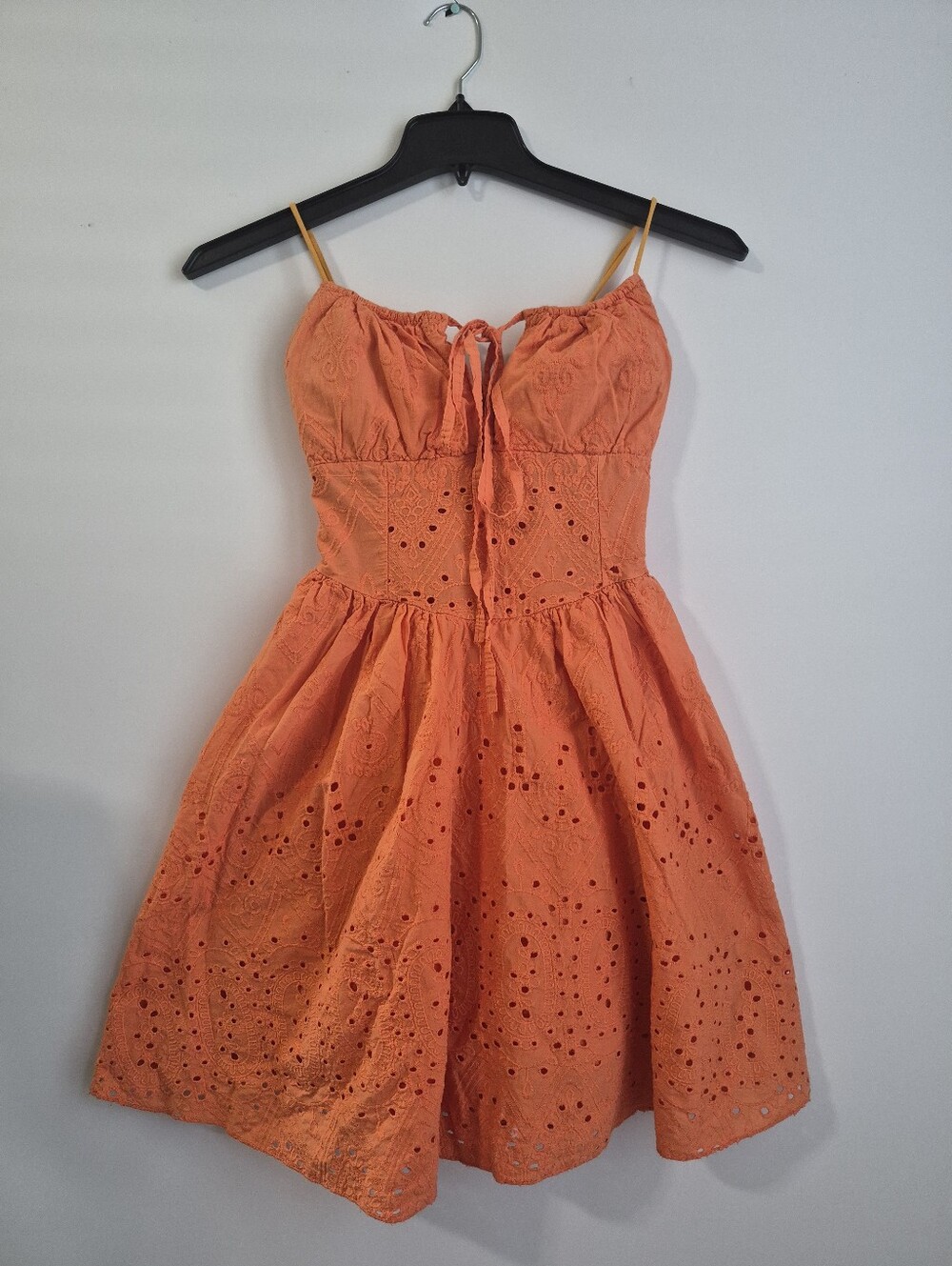 Made In Italy Orange Eyelet Mini Dress Padded Cups Smocked Back Sun Dress OS